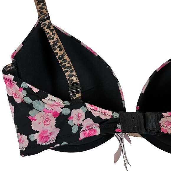 VICTORIA'S SECRET PUSH UP Black Pink Floral Leopard Print Underwire Bra 34DD - Picture 5 of 16